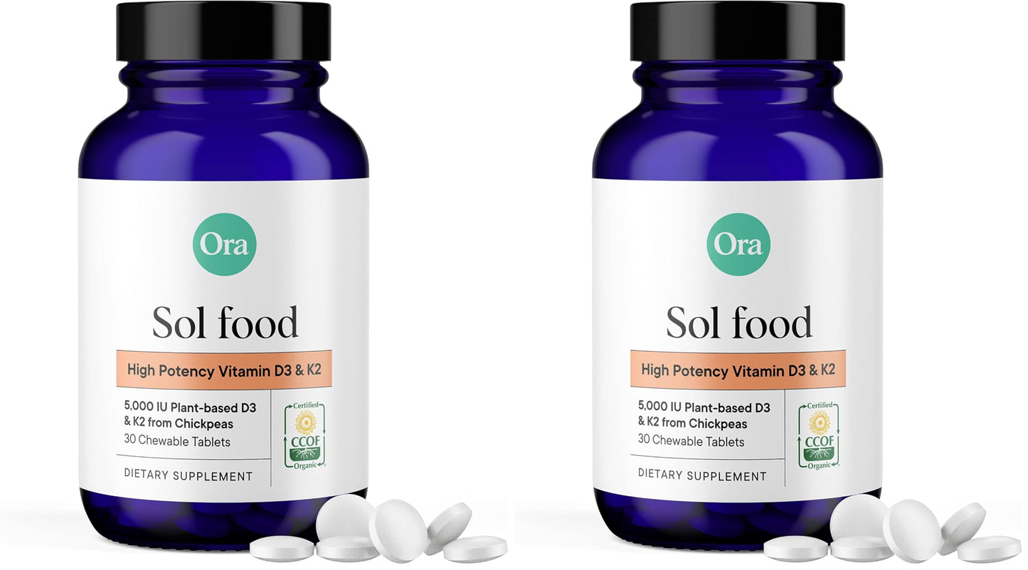 Ora Organic Vitamin D3 5000IU + K2, Vegan D3 from Lichen & K2 from Chickpeas, Chewable Tablets, 60 Count