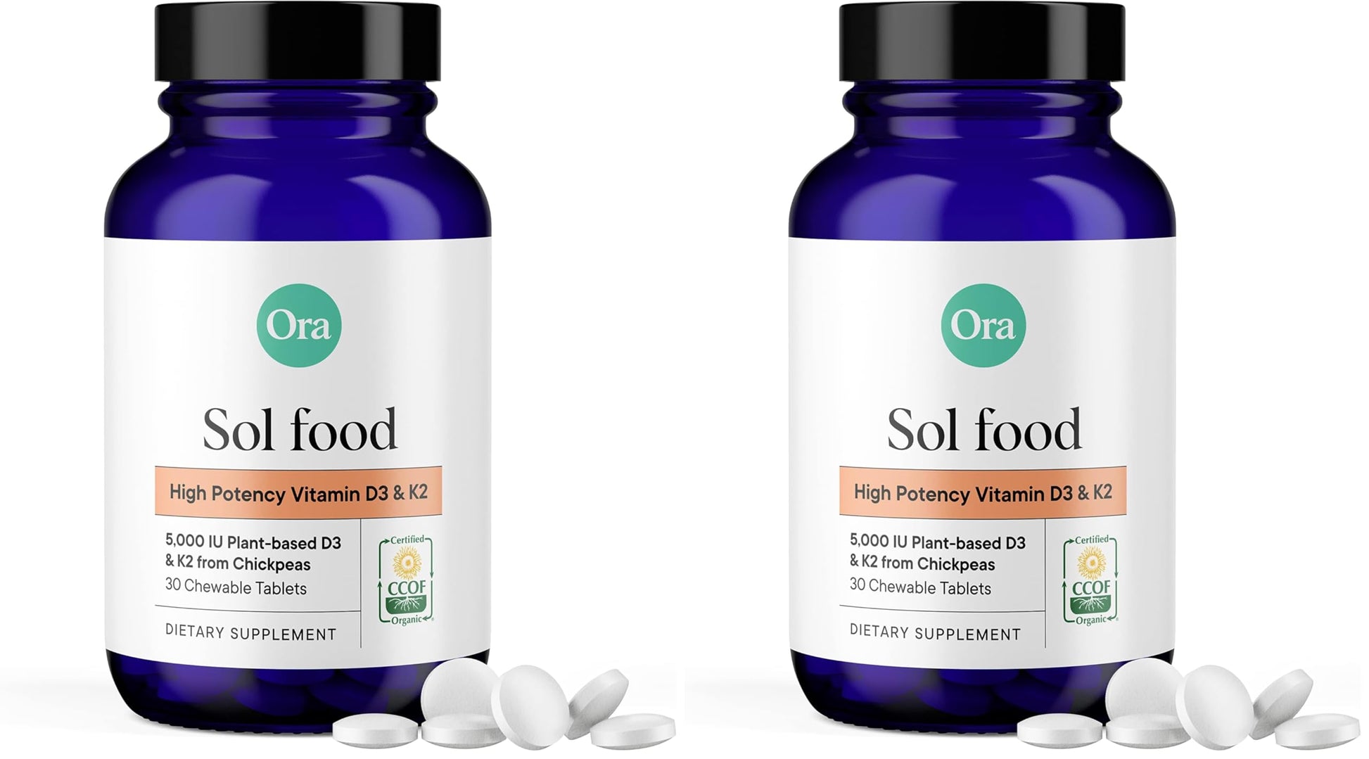 Ora Organic Vitamin D3 5000IU + K2, Vegan D3 from Lichen & K2 from Chickpeas, Chewable Tablets, 60 Count