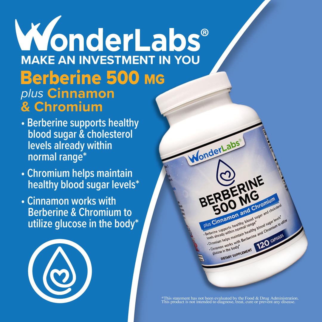 Wonder Laboratories Superior Absorption Berberine HCL 1500mg + Cinnamon, Chromium, and BioPerine for Glucose, Heart & Immune System Health, Gluten & GMO Free, 120 Capsules