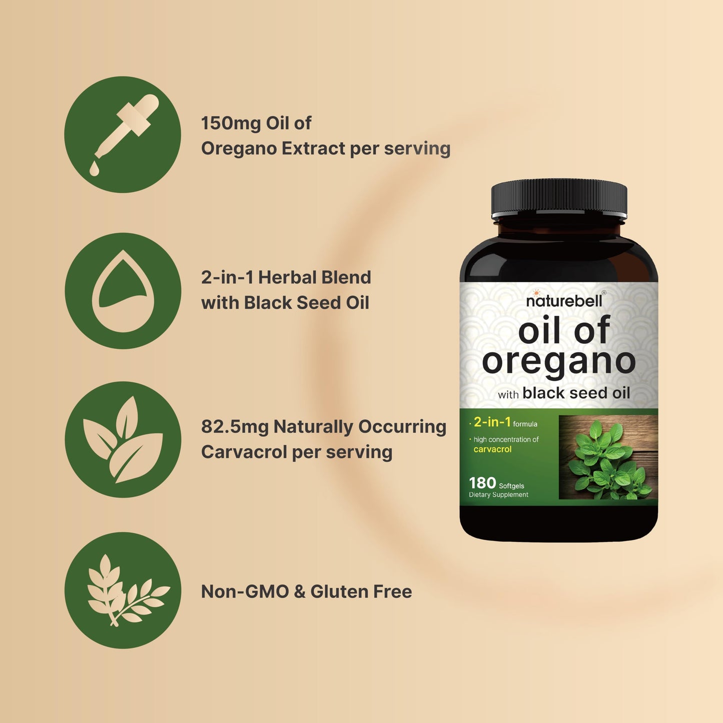 NatureBell Oil of Oregano with Black Seed Oil Softgels 180