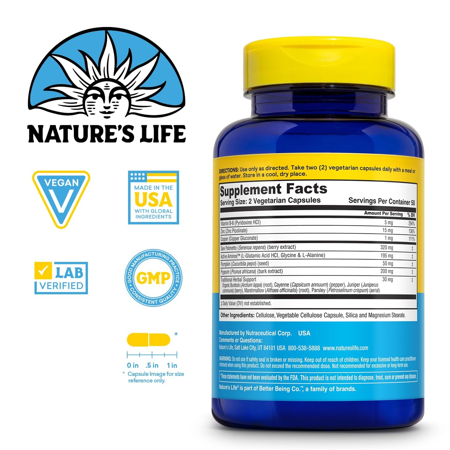 Nature's Life Prostate Maintain Prostate Support Supplement with Saw Palmetto, Pygeum Herbal Complex & Zinc, Capsules, 100 Count