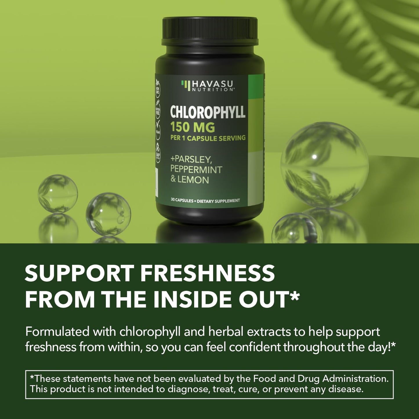 HAVASU NUTRITION Chlorophyll Capsules 150mg per Serving with Parsley, Peppermint & Lemon, 30 Capsules