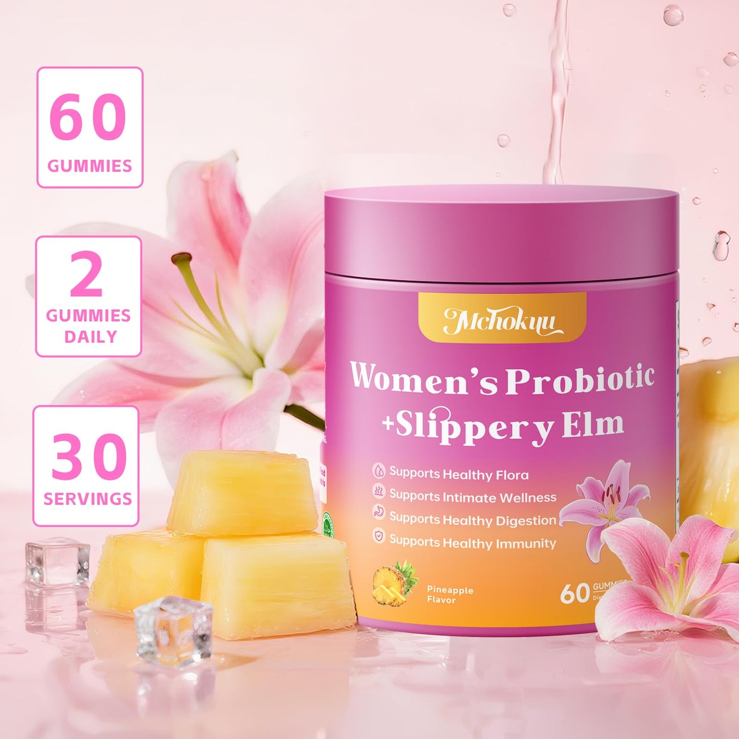 Mchokuu Feminine Probiotics Gummies for Women, pH Balance, Pineapple, 60 Count