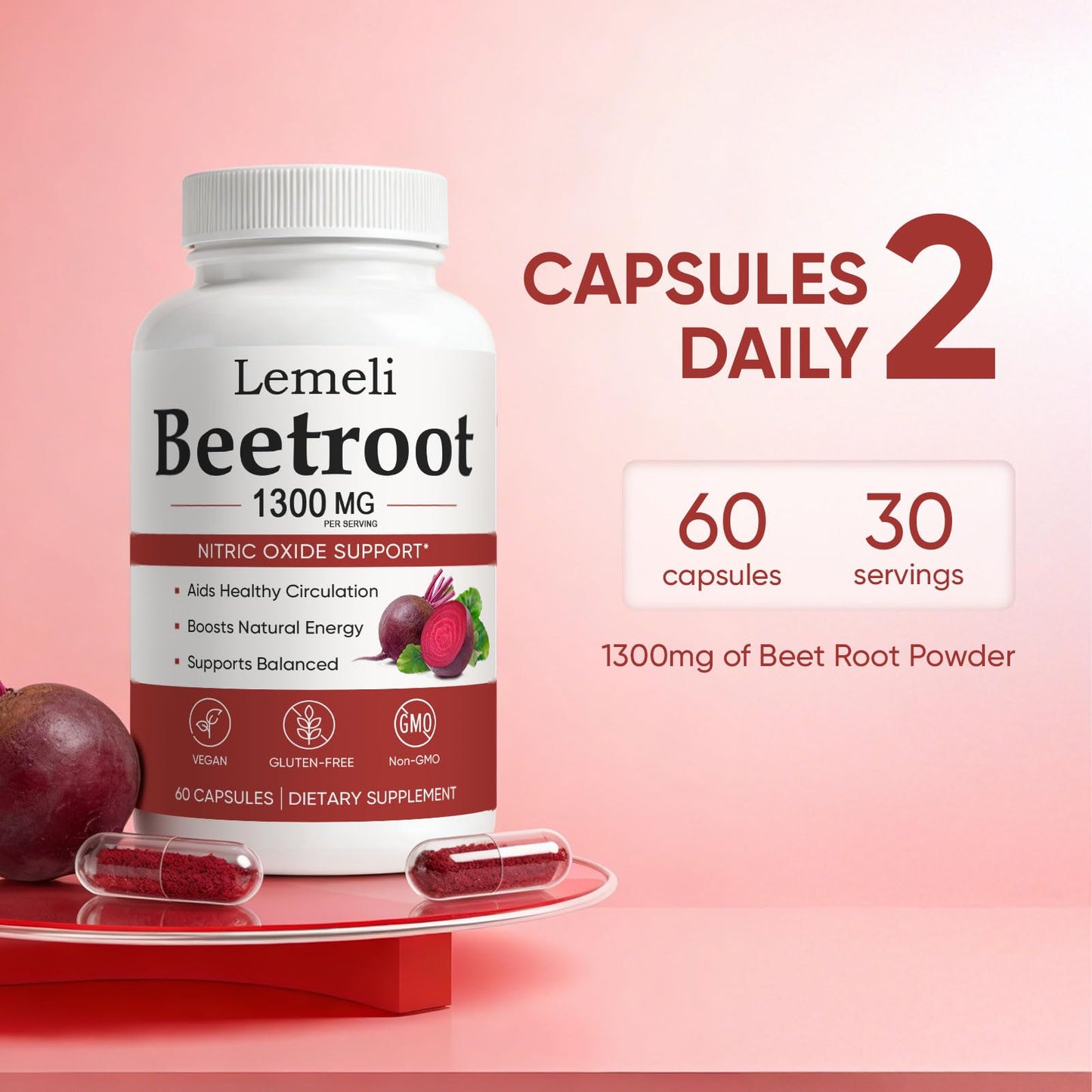 Kunnozz Lemeli Beetroot Capsules 1300 mg Beet Root Powder Blend Per Serving, Vegan Non-GMO Gluten Free, 60 Capsules