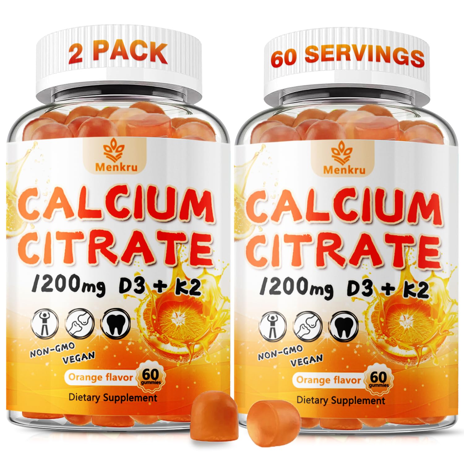 Menkru Calcium Citrate Gummies with Vitamin D3 and K2, 120 Gummies
