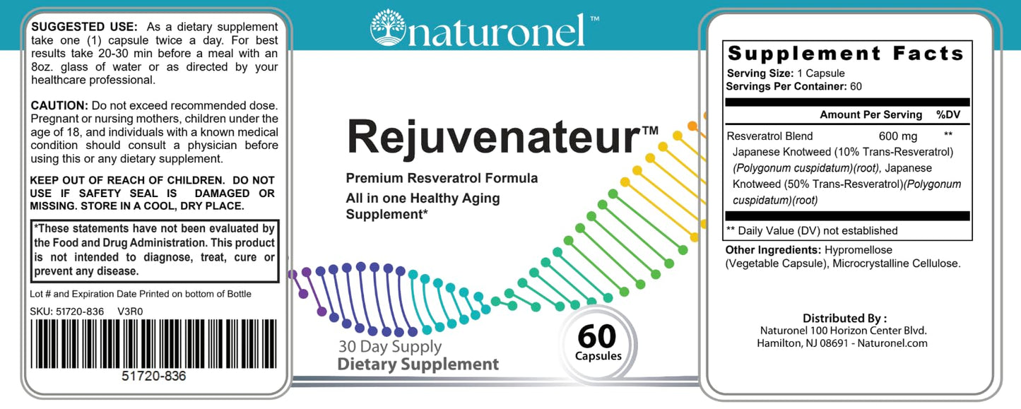 Naturonel Rejuvenateur Premium Resveratrol Complex with Japanese Knotweed Extract Trans-Resveratrol Capsules 60 Count