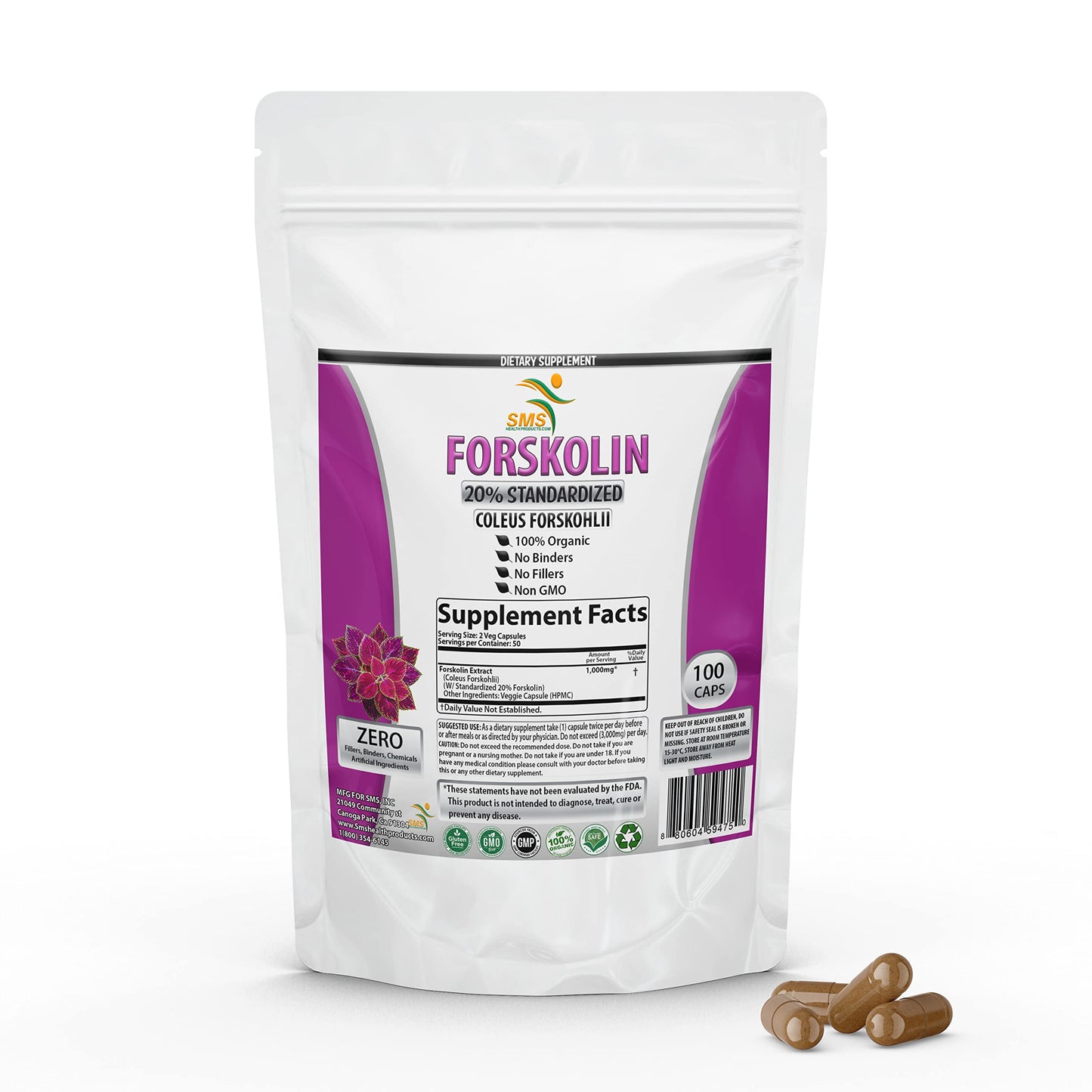 SMSHEALTHPRODUCTS.com Forskolin Extract Supplement with Potent Coleus Forskohlii 20% Standardized 1,000 mg Capsules, 100 Veggie Capsules