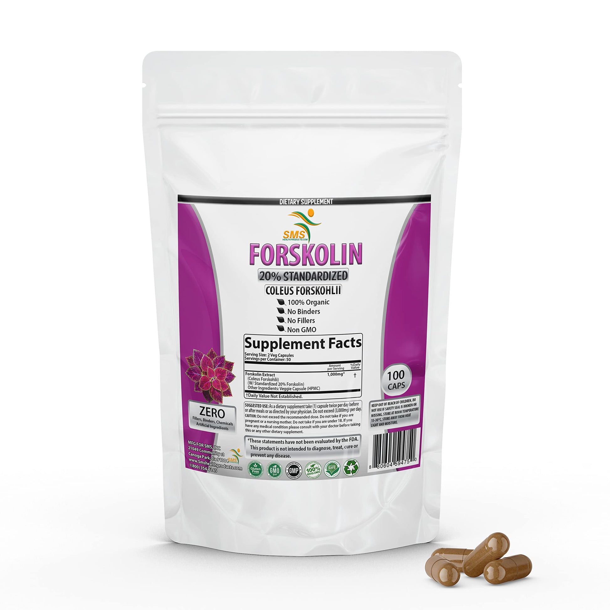 SMSHEALTHPRODUCTS.com Forskolin Extract Supplement with Potent Coleus Forskohlii 20% Standardized 1,000 mg Capsules, 100 Veggie Capsules