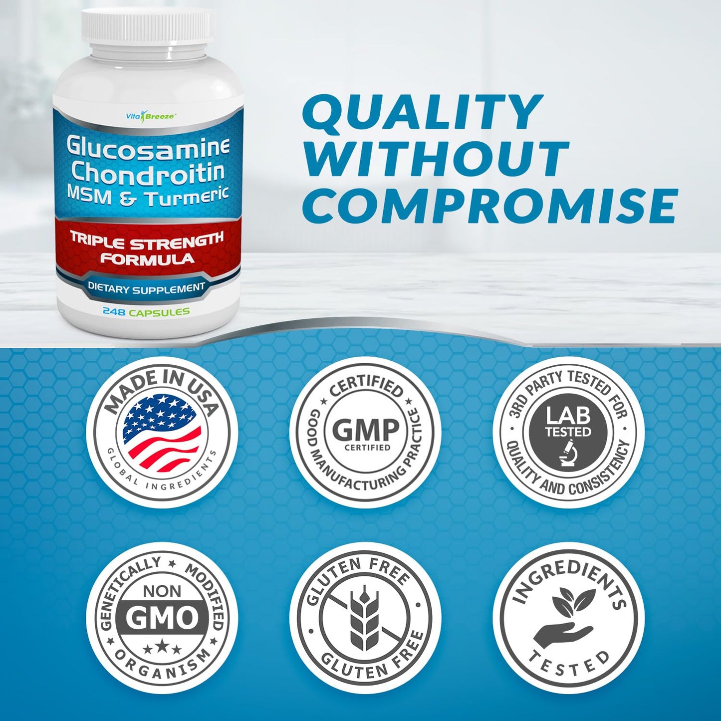 VitaBreeze Glucosamine Chondroitin MSM & Turmeric Dietary Supplement Capsules 248