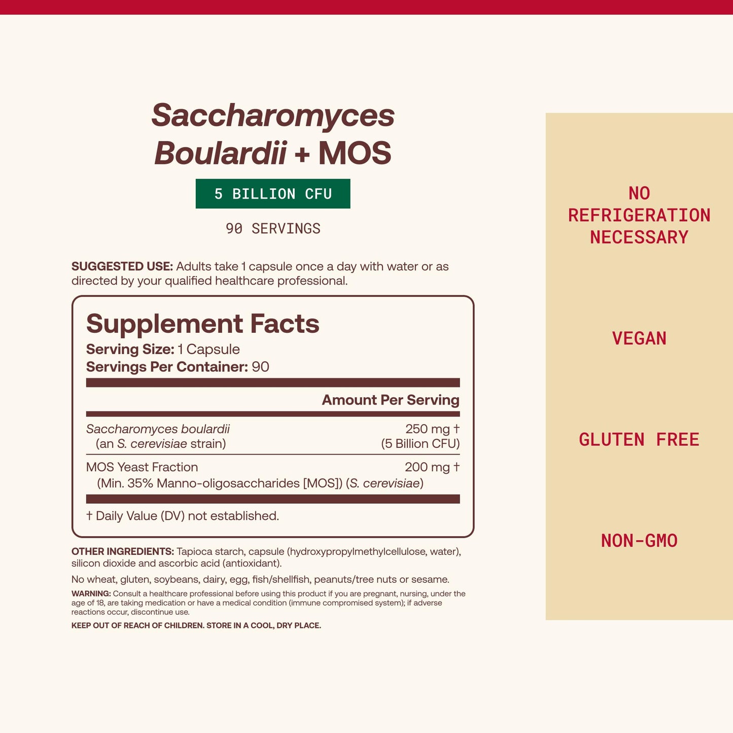 Jarrow Formulas Saccharomyces Boulardii + MOS Probiotics for Digestive Health and Intestinal Tract Support, 5 Billion CFU Per Serving, Probiotic + Prebiotic, 90 Capsules