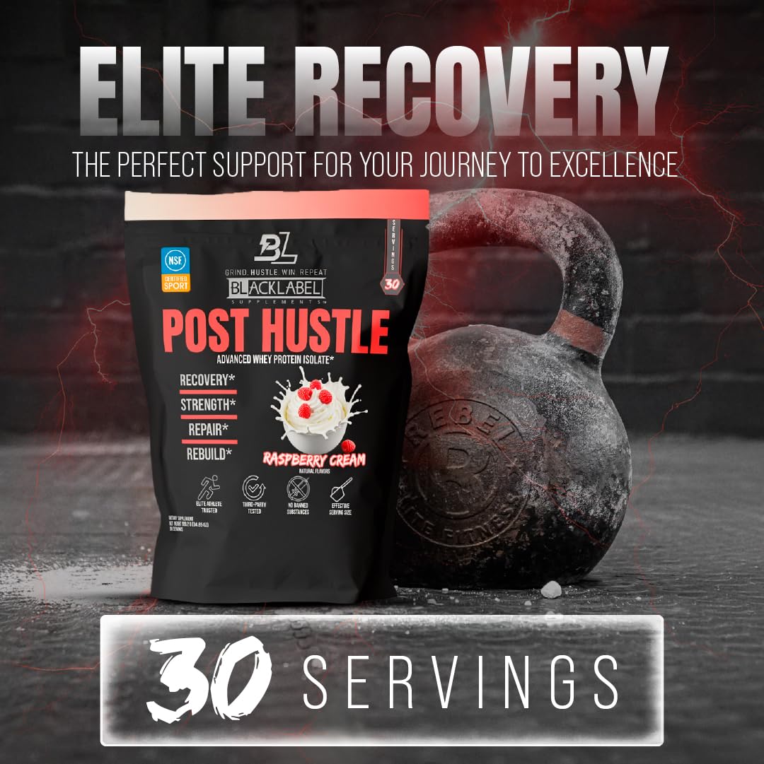 BLACKLABEL Supplements Post Hustle Post Workout Protein Powder 40 Servings – Whey Isolate Protein Powder with Digestive Enzymes – Raspberry Cream