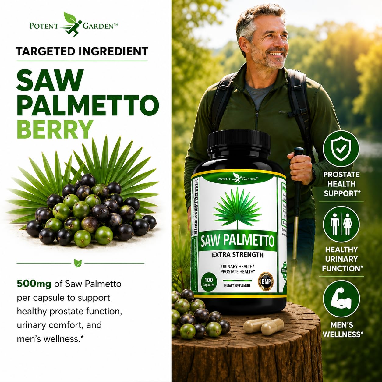 Potent Garden Saw Palmetto 500 mg Prostate Supplements for Men Capsule, 1 Count