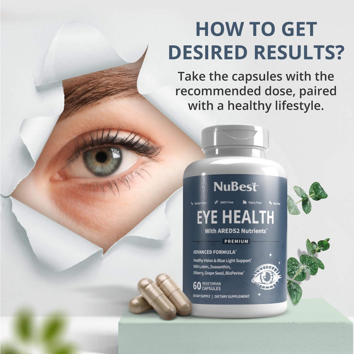 NuBest AREDS 2 Eye Vitamins with Beta Carotene Carrot Powder, 20mg Lutein, 4mg Zeaxanthin, Bilberry, Grape Seed, BioPerine, B-Complex, Multivitamin for Eye Health 120 Capsules