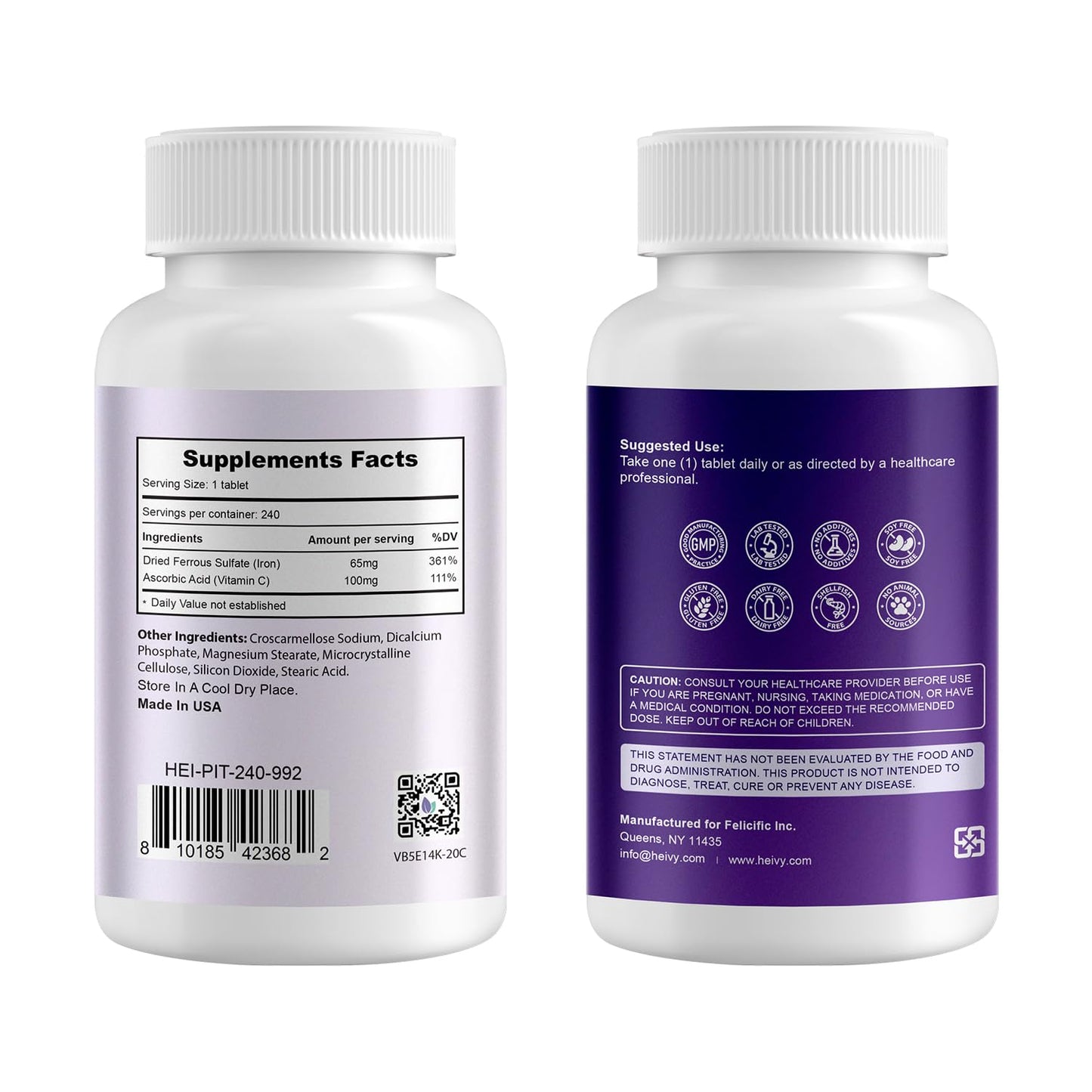 Heivy Ferrous Sulfate 325mg, Iron 65mg with Vitamin C Iron Supplement Tablet, 240 Tablets