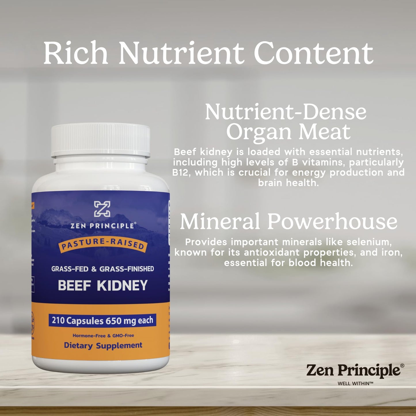 Zen Principle Grass Fed Beef Kidney Supplement Capsules, 210 Count