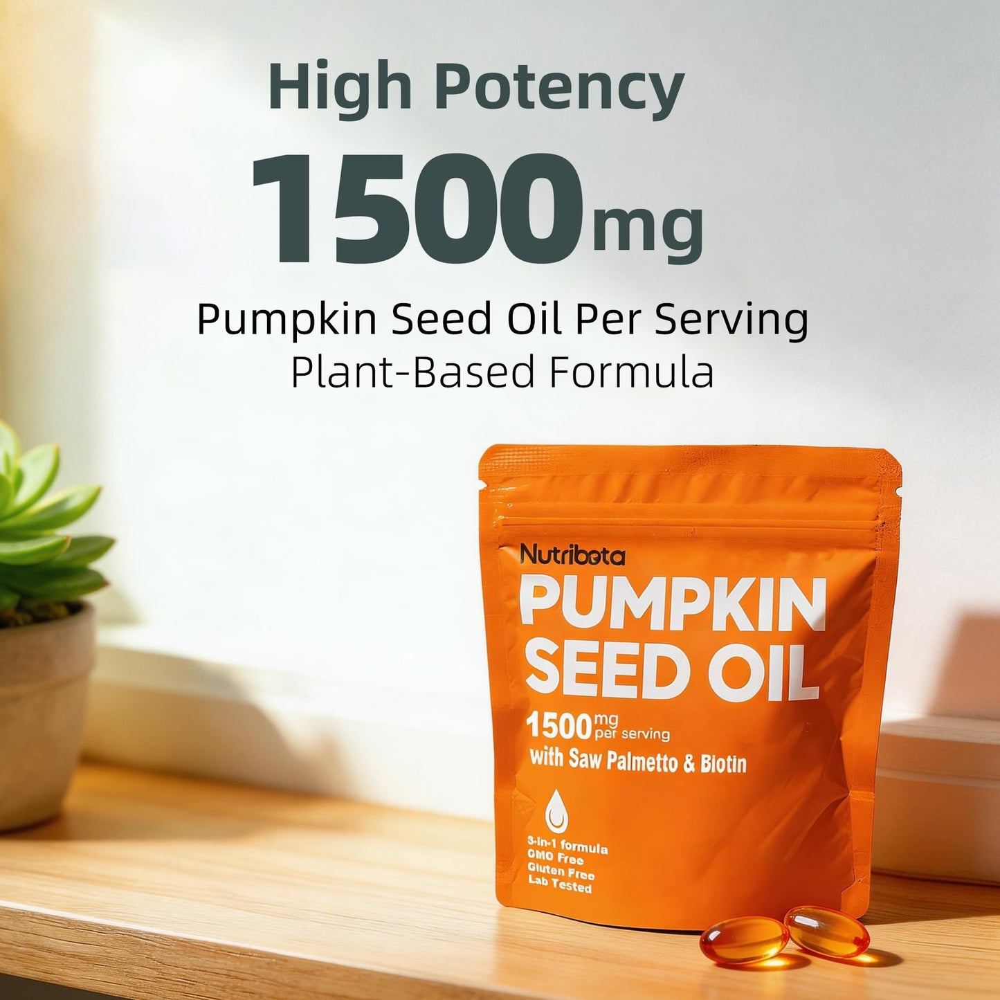 Nutribota Pumpkin Seed Oil Supplement 1500 mg per Serving with Saw Palmetto & Biotin, Advanced 3-in-1 Plant-Based Men's Wellness & Hair Nutrition Formula, Gummy 180 Count