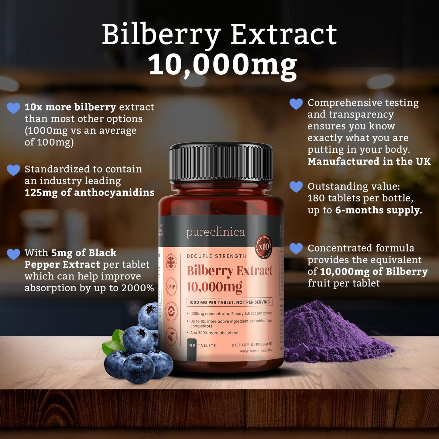 pureclinica Bilberry Extract 1000mg (10:1) with Black Pepper Extract, 180 Tablets