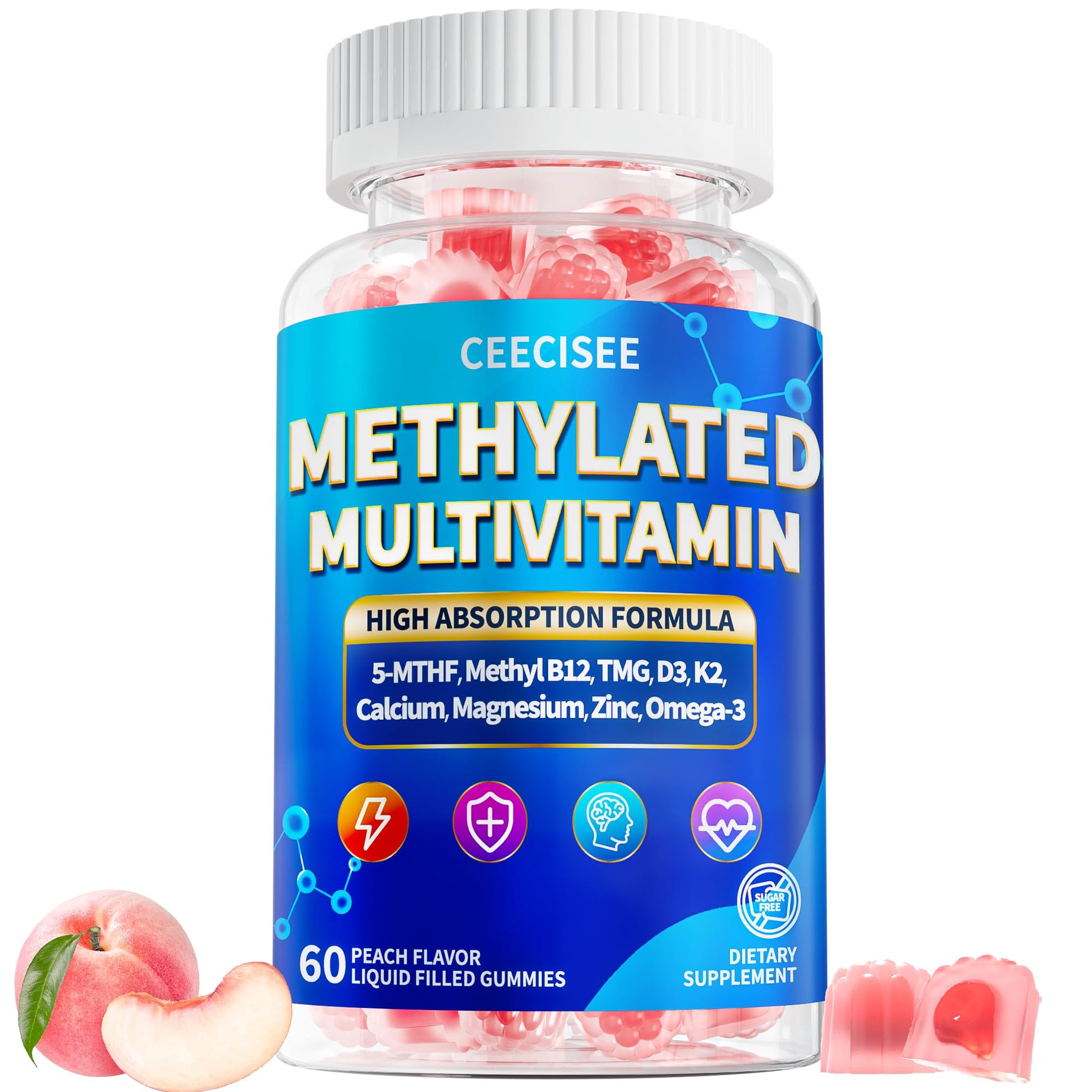 Ceecisee Methylated Multivitamin Gummies for Adults, Sugar-Free B Complex with Methyl Folate, B12, D3, CoQ10, Calcium, Omega, MTHFR Support, 60 Gummies