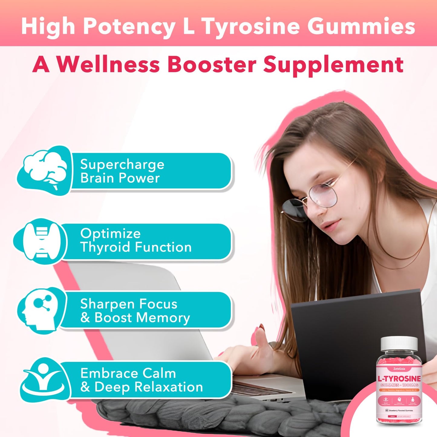Zetelixia L-Tyrosine Gummies 10-in-1 L-Tyrosine Supplement with L-Theanine, B6 & D3, Strawberry Flavor, 120 Gummies