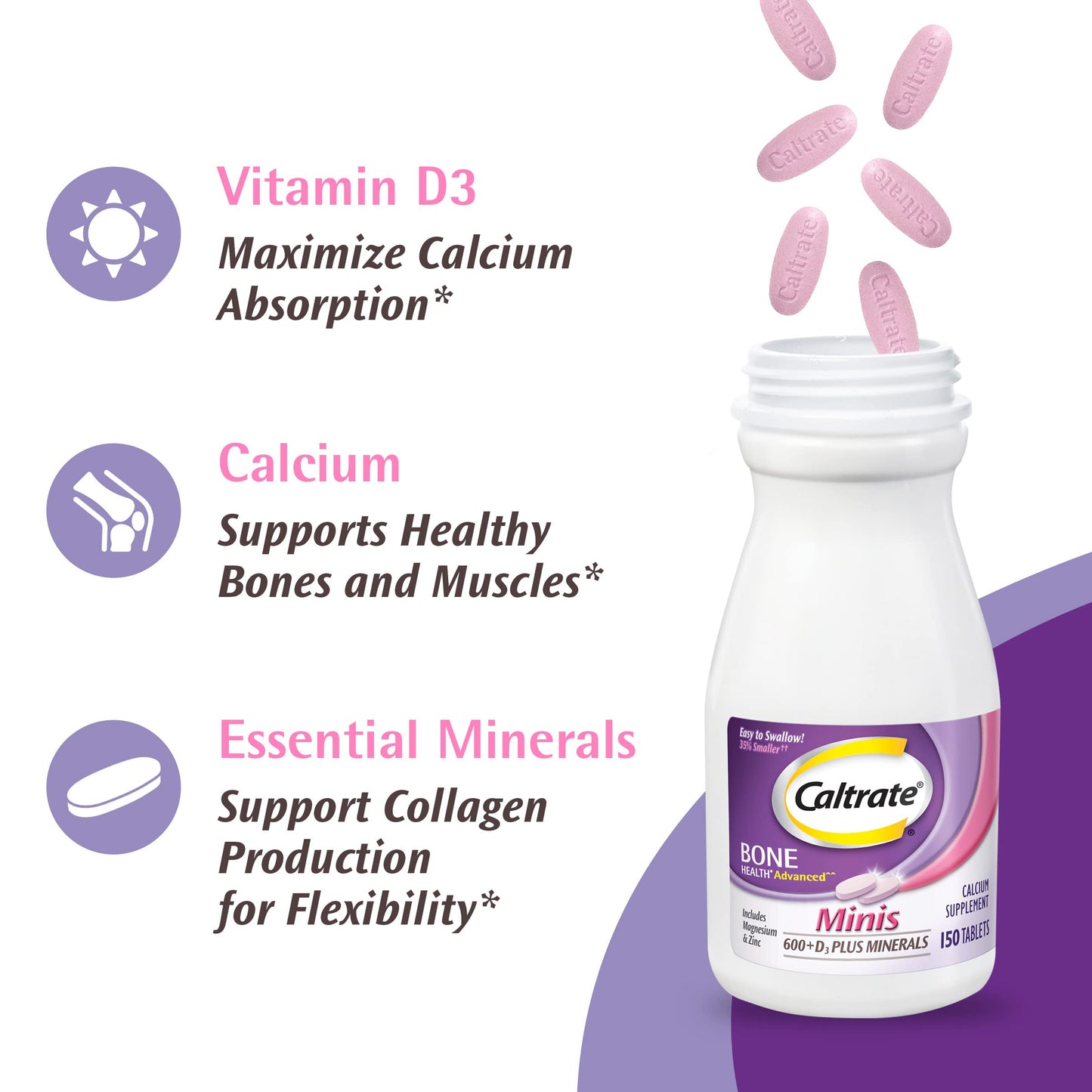 Caltrate Minis 600 Plus D3 Plus Minerals Calcium and Vitamin D Supplement Tablets, 150 Count