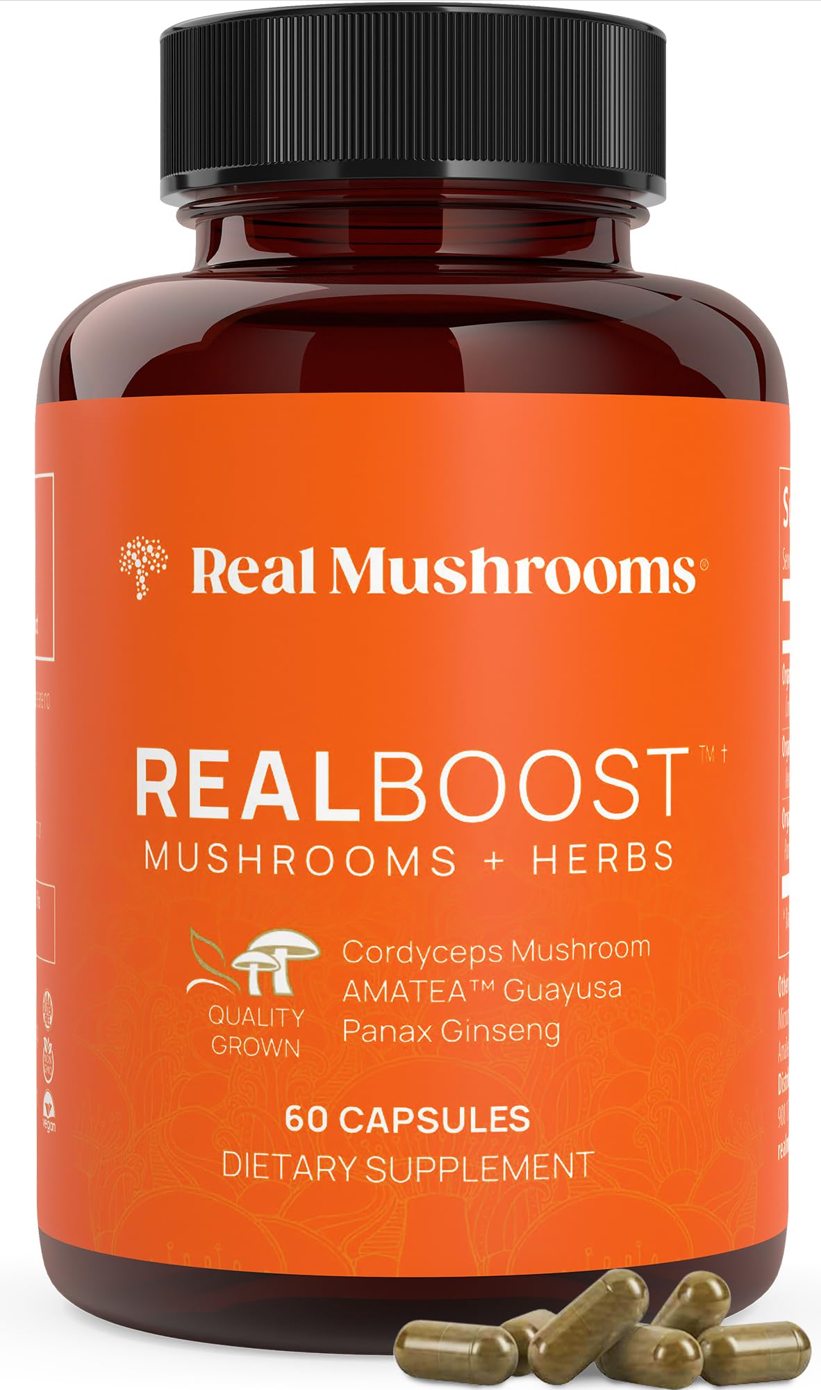 Real Mushrooms RealBoost Capsules Cordyceps Mushroom, Panax Ginseng & Guayusa Extract for Overall Wellness & Energy Support, Vegan, Non-GMO, No Fillers, 60 Count