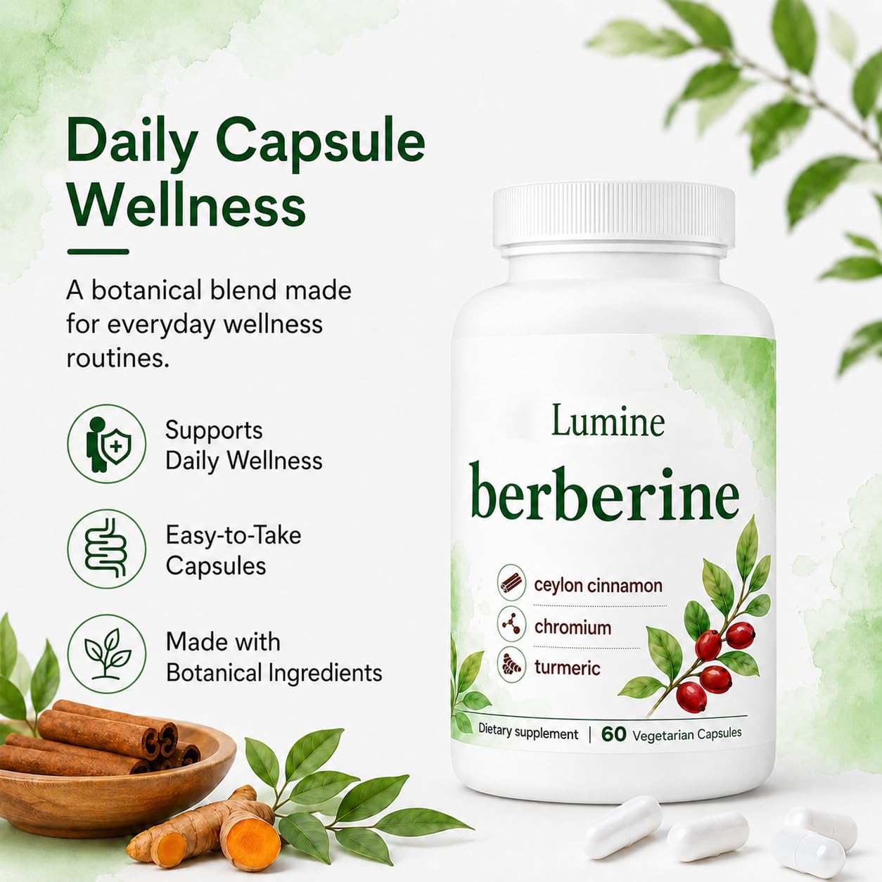 LUMINE Organics Berberine, Ceylon Cinnamon, Turmeric Capsules, 60 Count