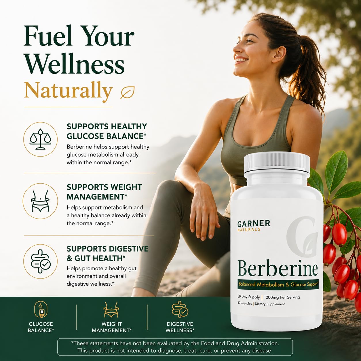 Garner Naturals Berberine HCl 1200mg per Serving Capsule, 60 Count