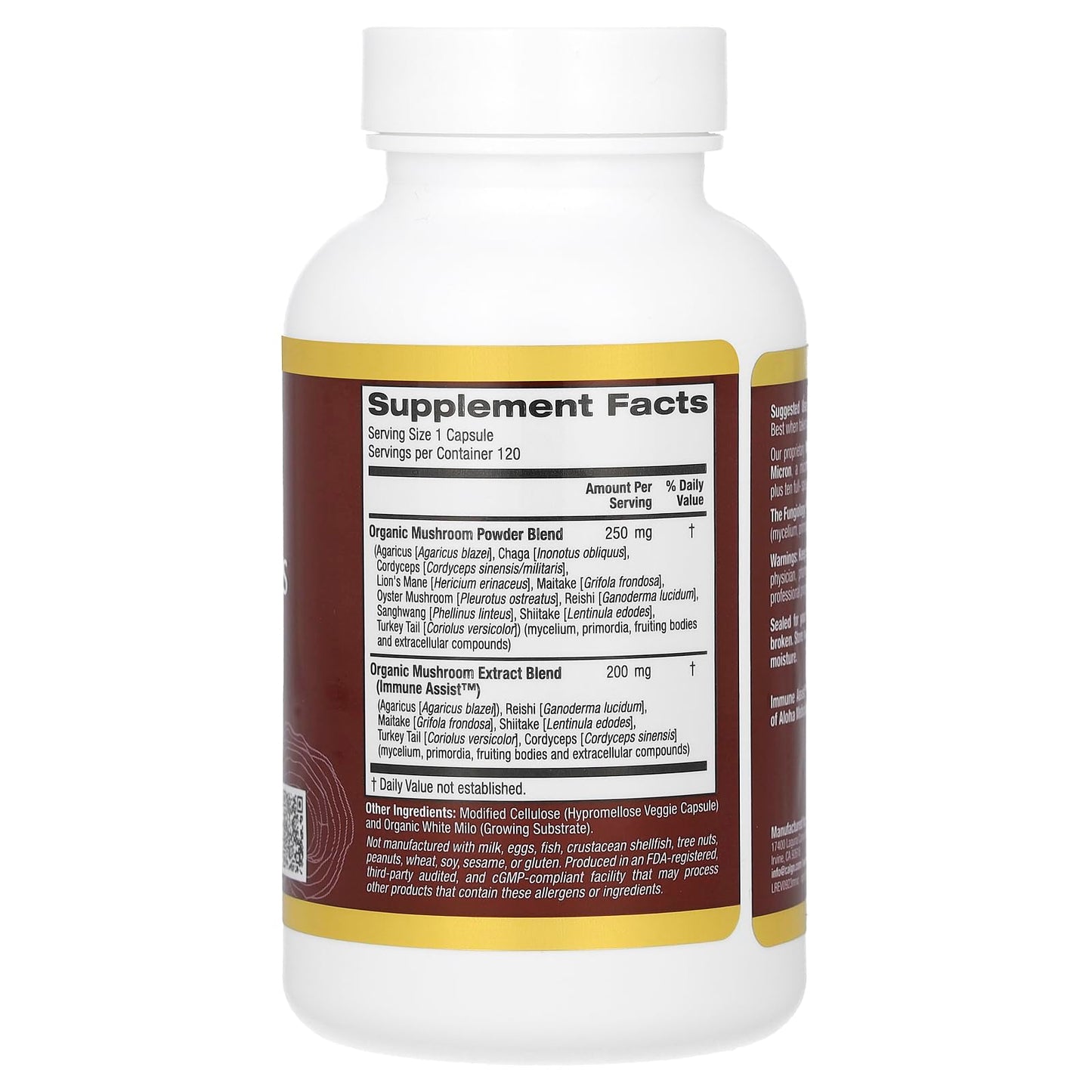 California Gold Nutrition Fungiology MushRex Plus, Full-Spectrum Ten Mushroom Complex with Agaricus, Chaga, Cordyceps, and Lion's Mane, Powder, 120 Plantcaps