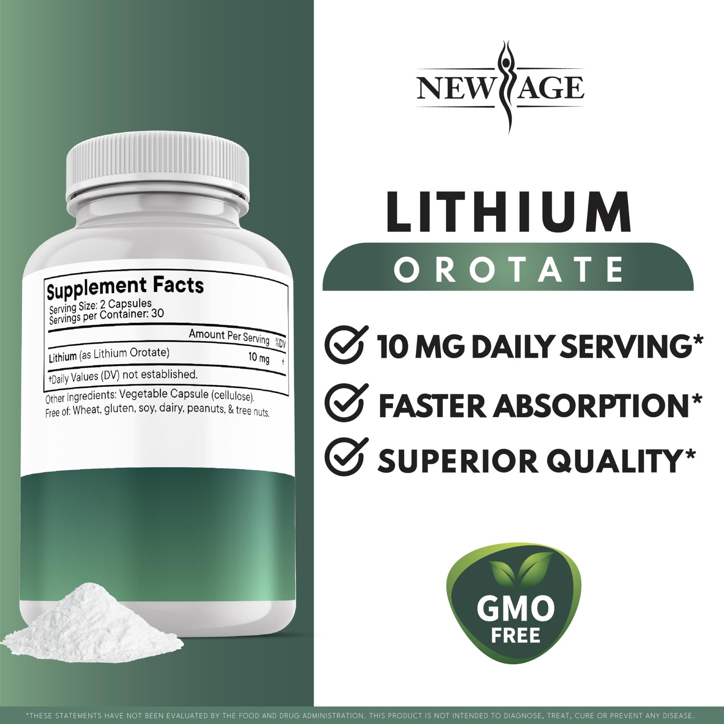 NEW AGE Lithium Orotate 10mg (5mg per Capsule), 120 Veggie Capsules