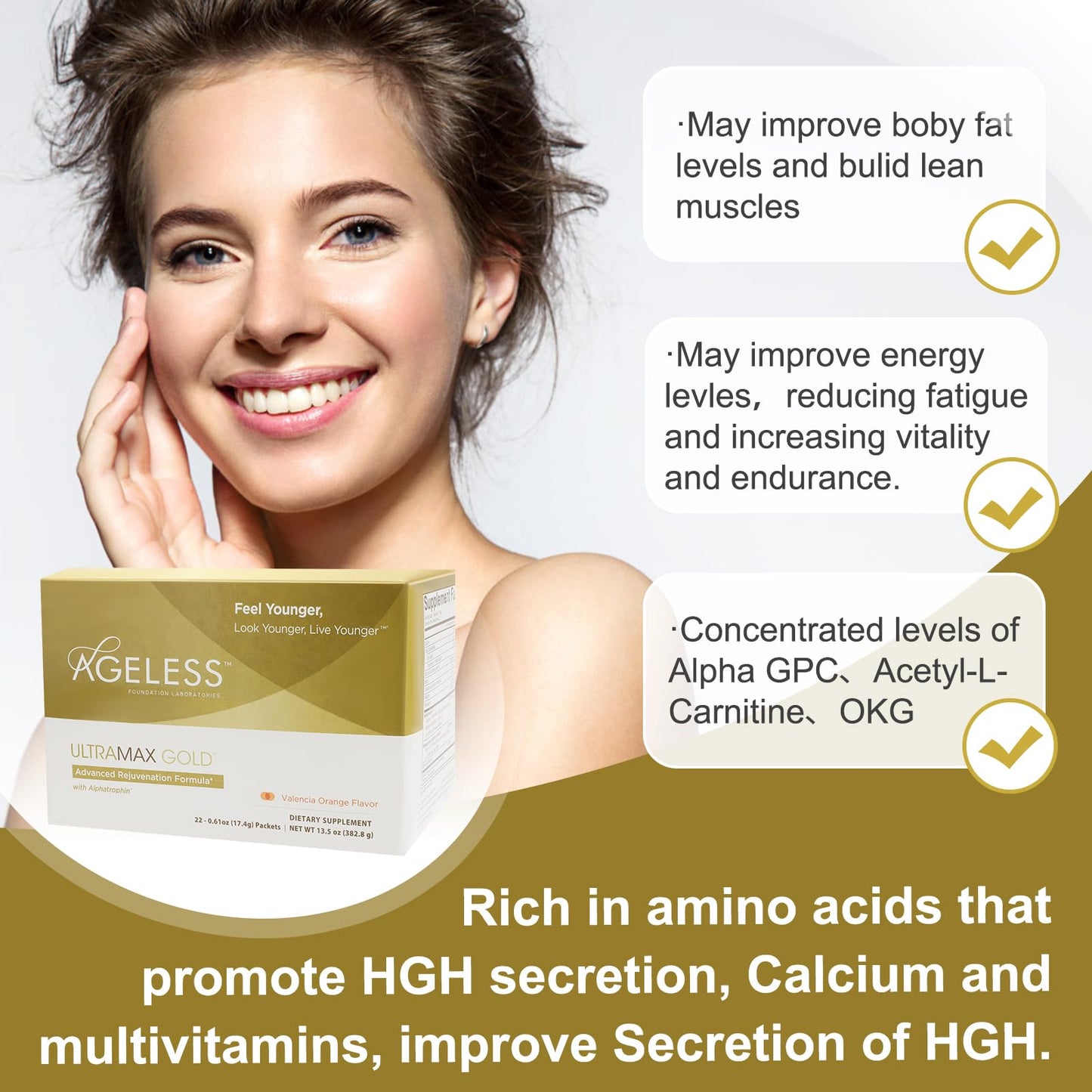 Ageless Foundation Laboratories UltraMAX Gold Anti-Aging HGH Supplement for Women & Men Powder 13.5 Ounce