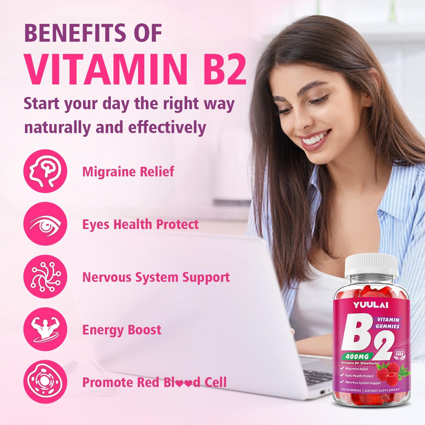 YUULAI Vitamin B2 Gummy 400mg, Riboflavin with Magnesium, 60 Count
