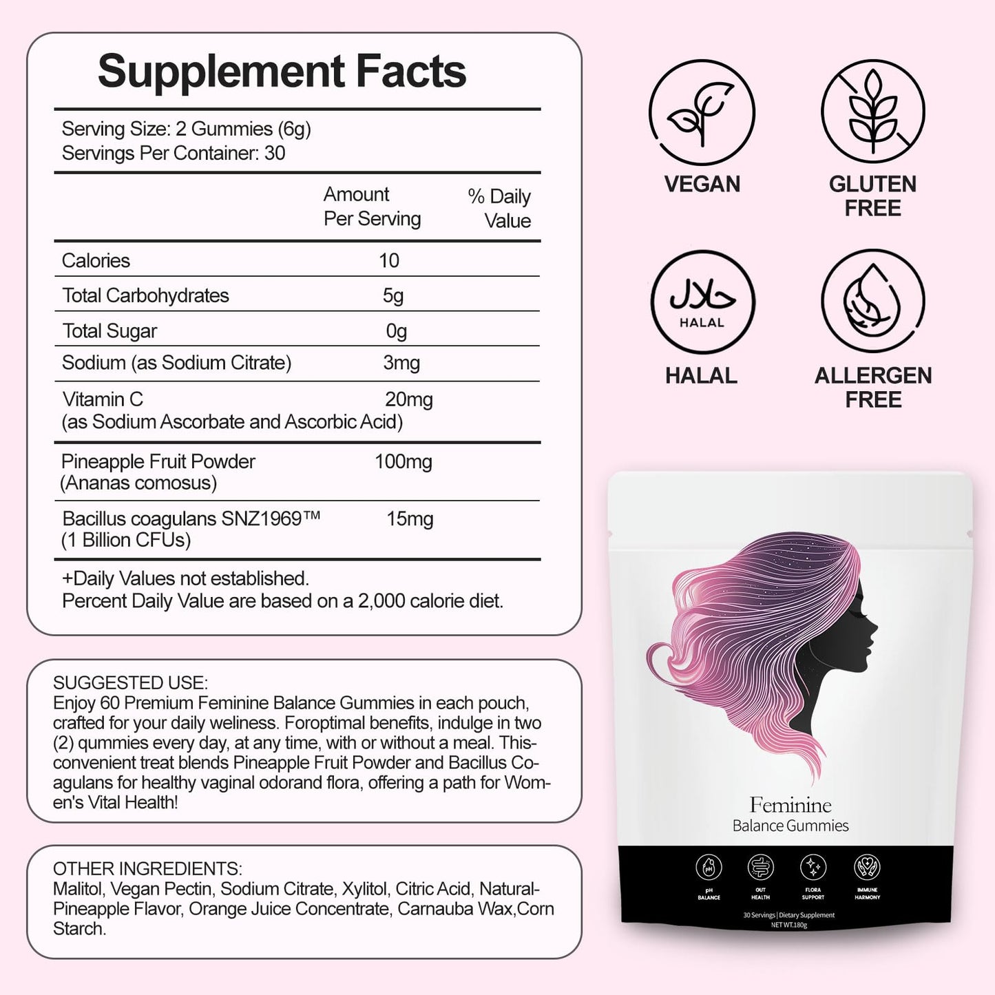 NEWUREHO Feminine Balance Gummies, Pineapple Probiotic Blend, Hawaiian Pineapple Flavor, 60 Gummies