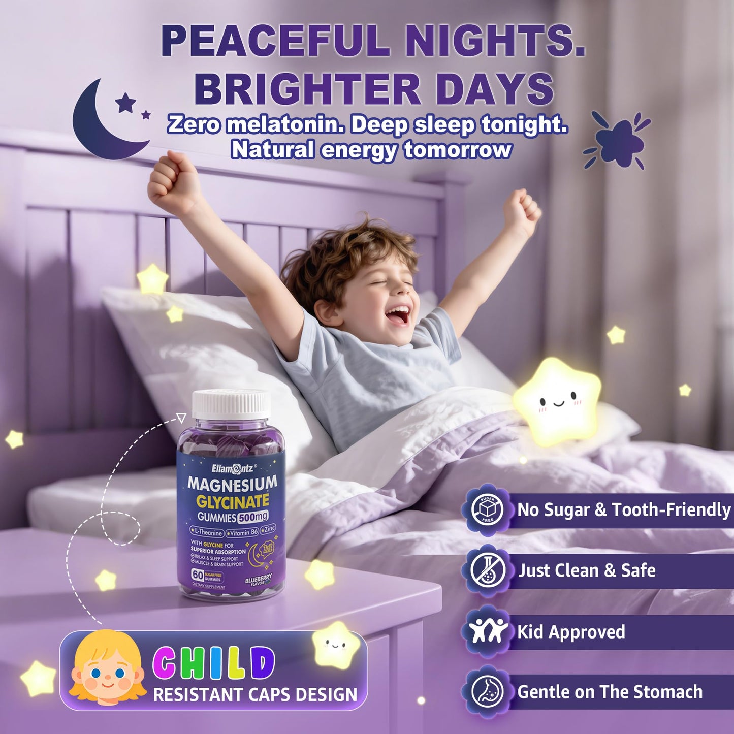 ELLAMENTZ Magnesium Glycinate Gummies for Kids 6+ & Adults, 60 Count