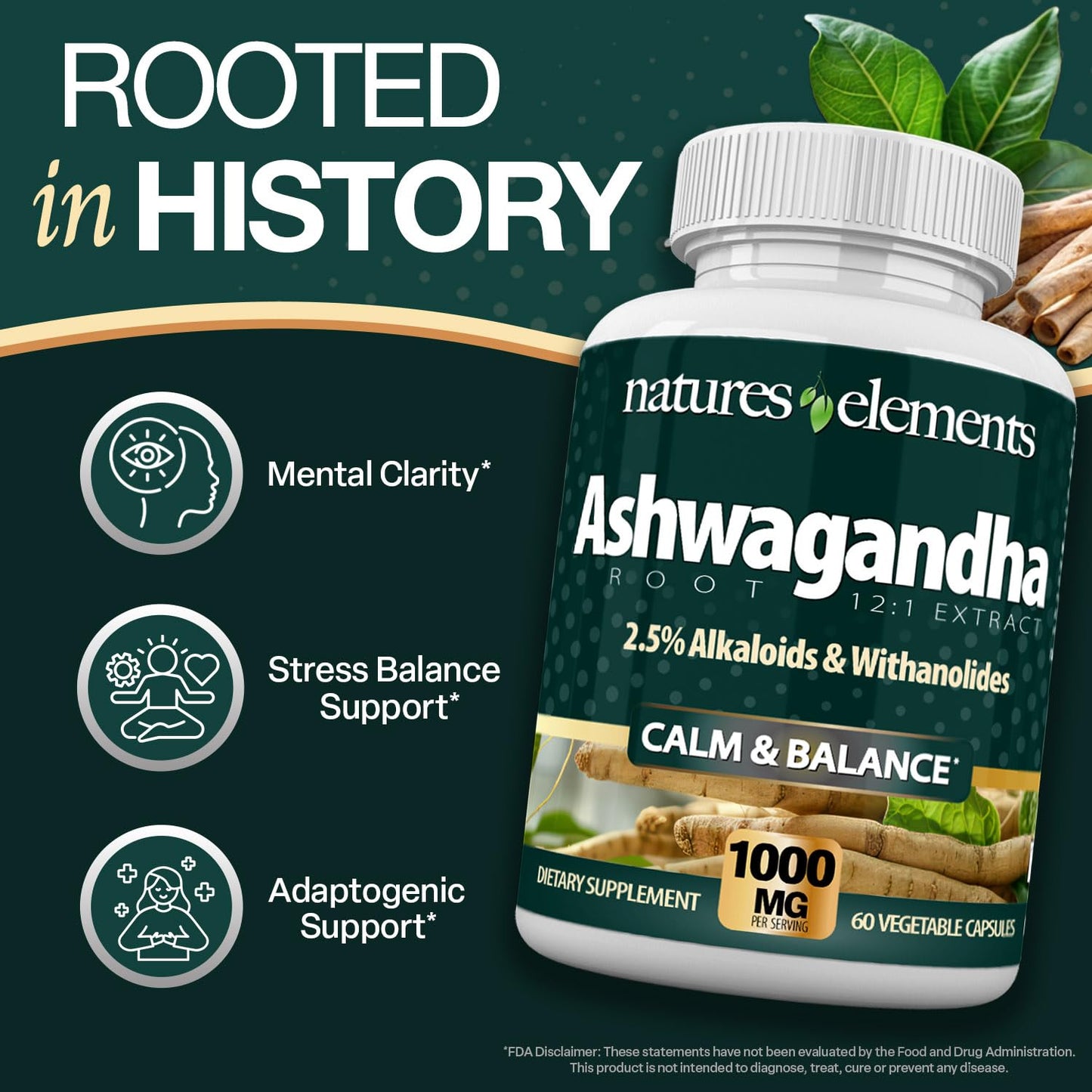 Natures Elements Ashwagandha Root 12:1 Extract 1000mg Per Serving 2.5% Withanolides & Alkaloids Vegetarian Capsules 60