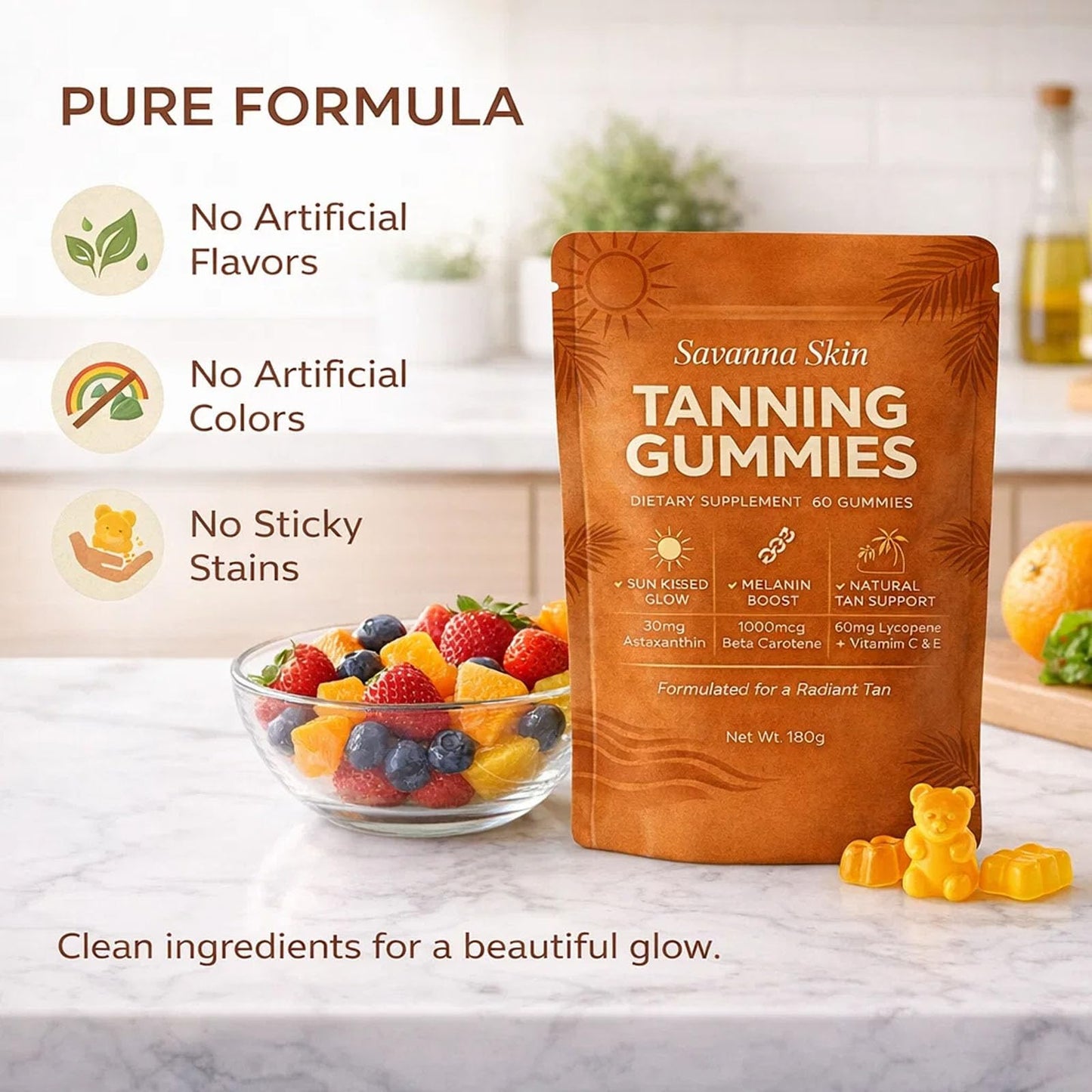 Savanna Skin Tanning Gummies, All-Natural Antioxidant Blend with Vitamin C & E, Astaxanthin, Beta Carotene, 1 Count