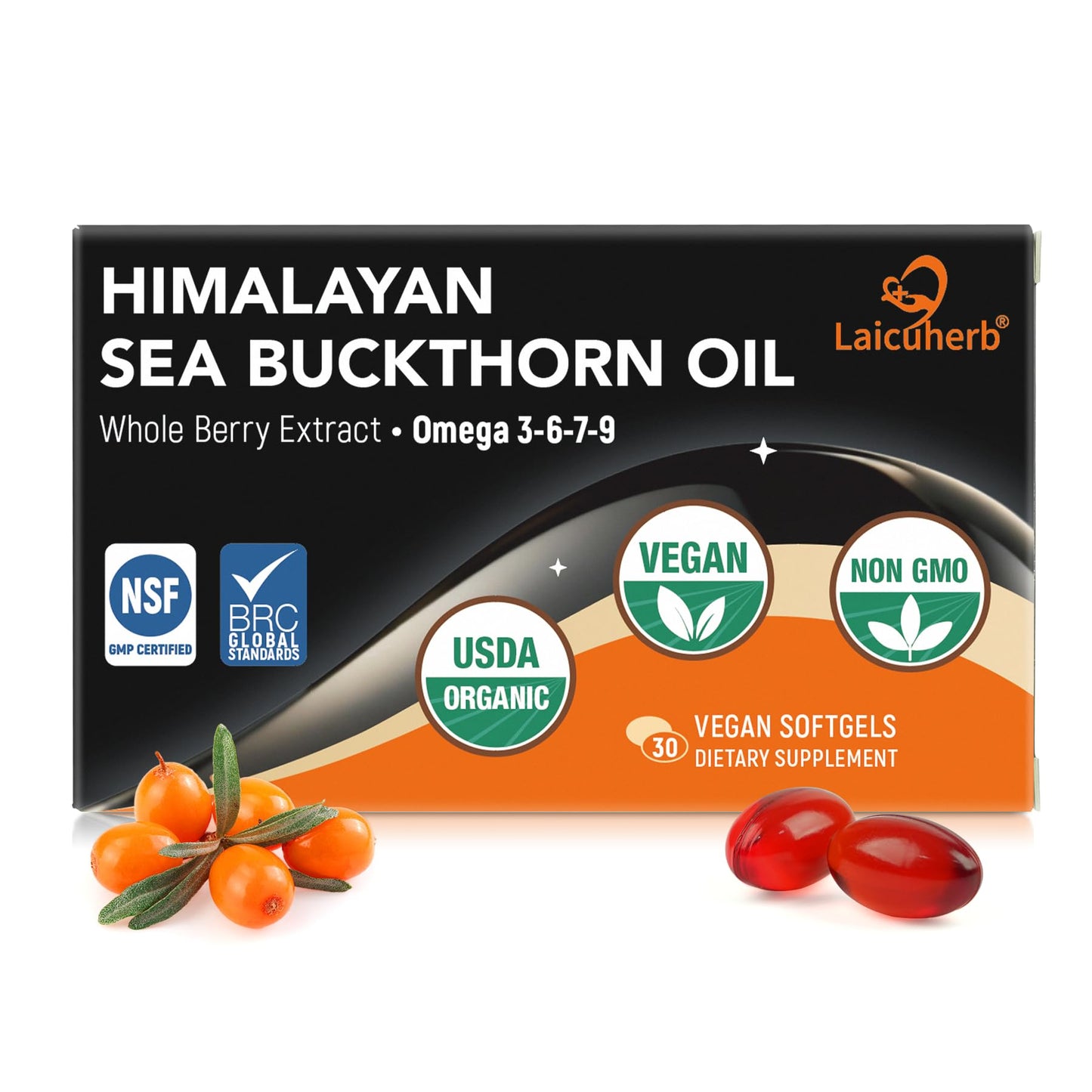 Laicuherb Organic Sea Buckthorn Oil Capsules for Brain Heart Skin & Immune, 1000mg Per Serving Omega-7-3-6-9, 30 Capsules