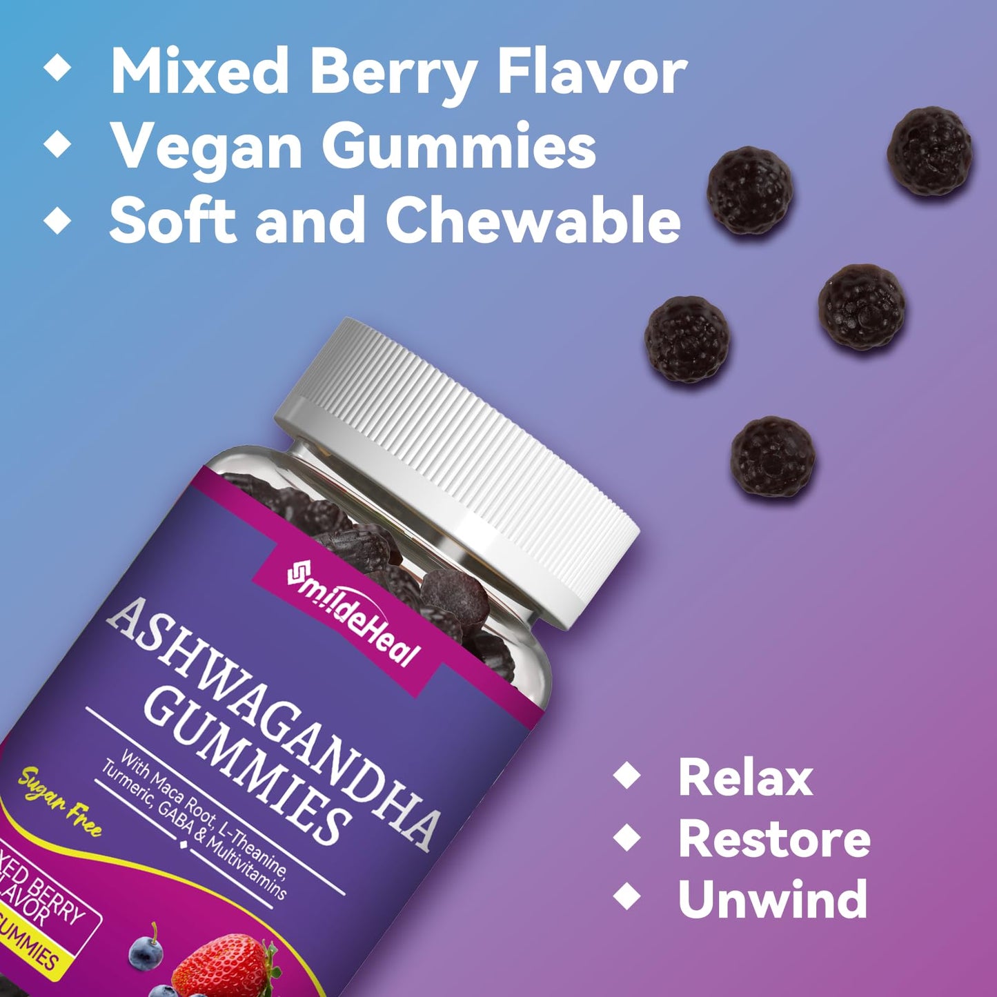 SmildeHeal Ashwagandha Gummies 3000mg for Calm & Stress Relief, 120 Gummies