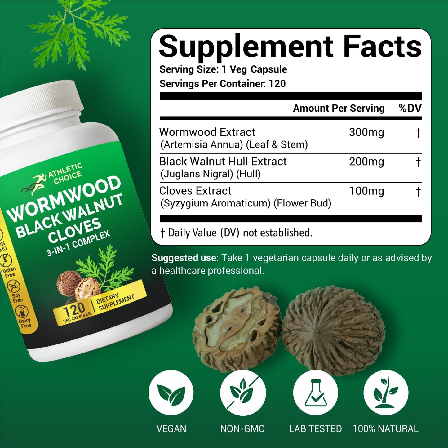 Athletic Choice Wormwood Black Walnut Clove Complex 3-in-1 Formula Capsule 120 Count