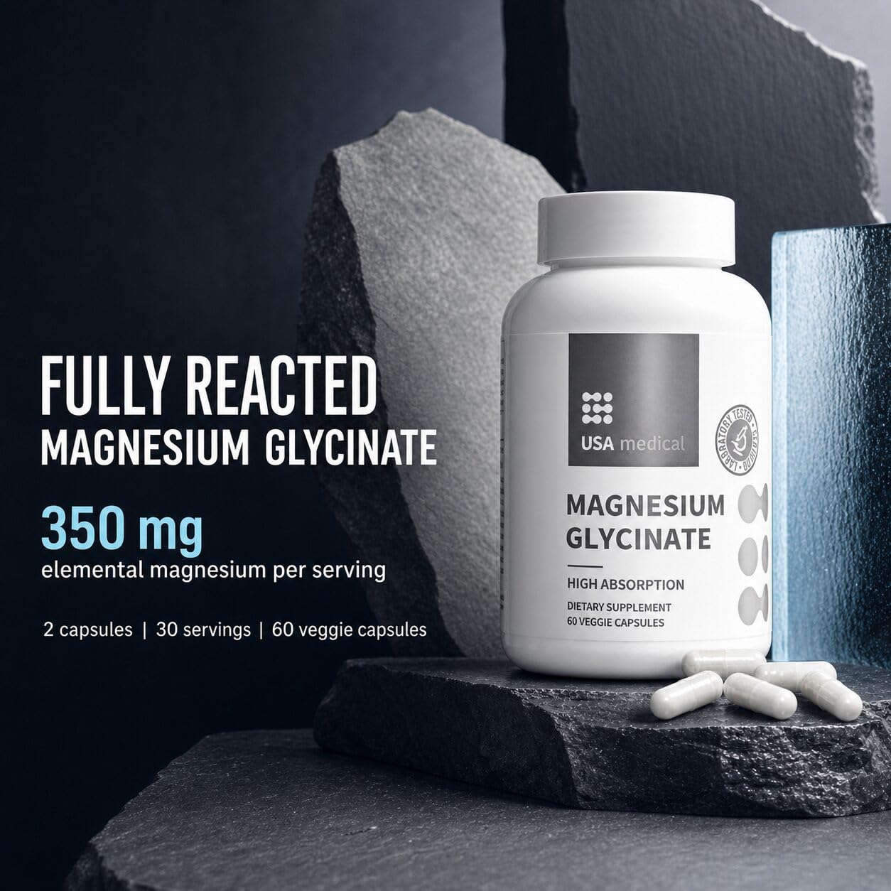 USA Medical Magnesium Glycinate 350 mg Vegetable Capsule, 60 Count
