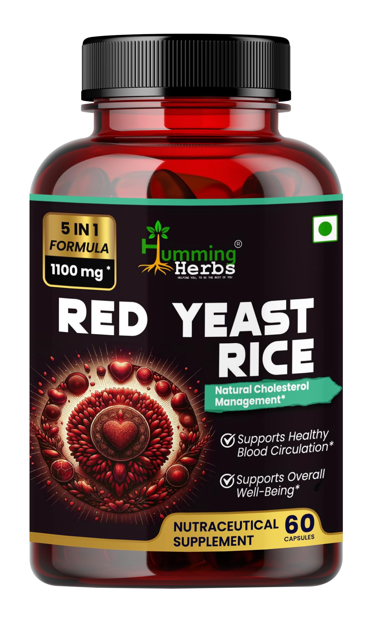Humming Herbs Red Yeast Rice 1100mg with CoQ10, Policosanol, Beta Sitosterol & Lycopene Formula, 60 Capsules