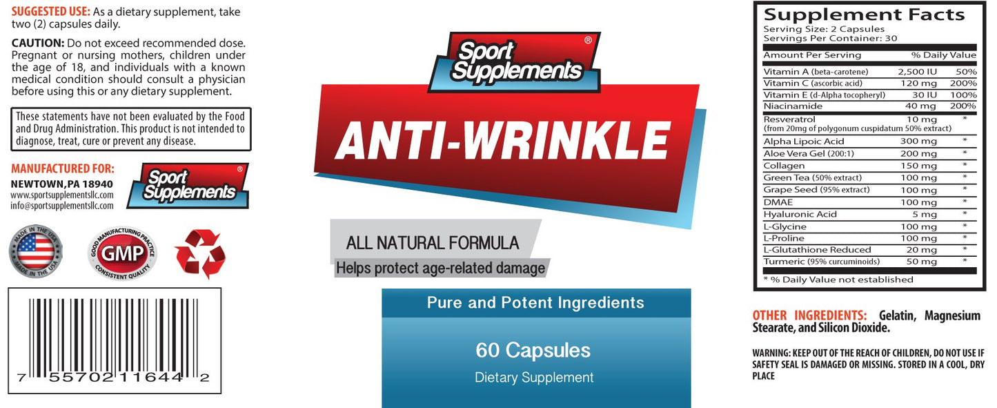 Sport Supplements Niacinamide and Vitamin C Anti-Wrinkle Collagen Capsule, 60 Capsules