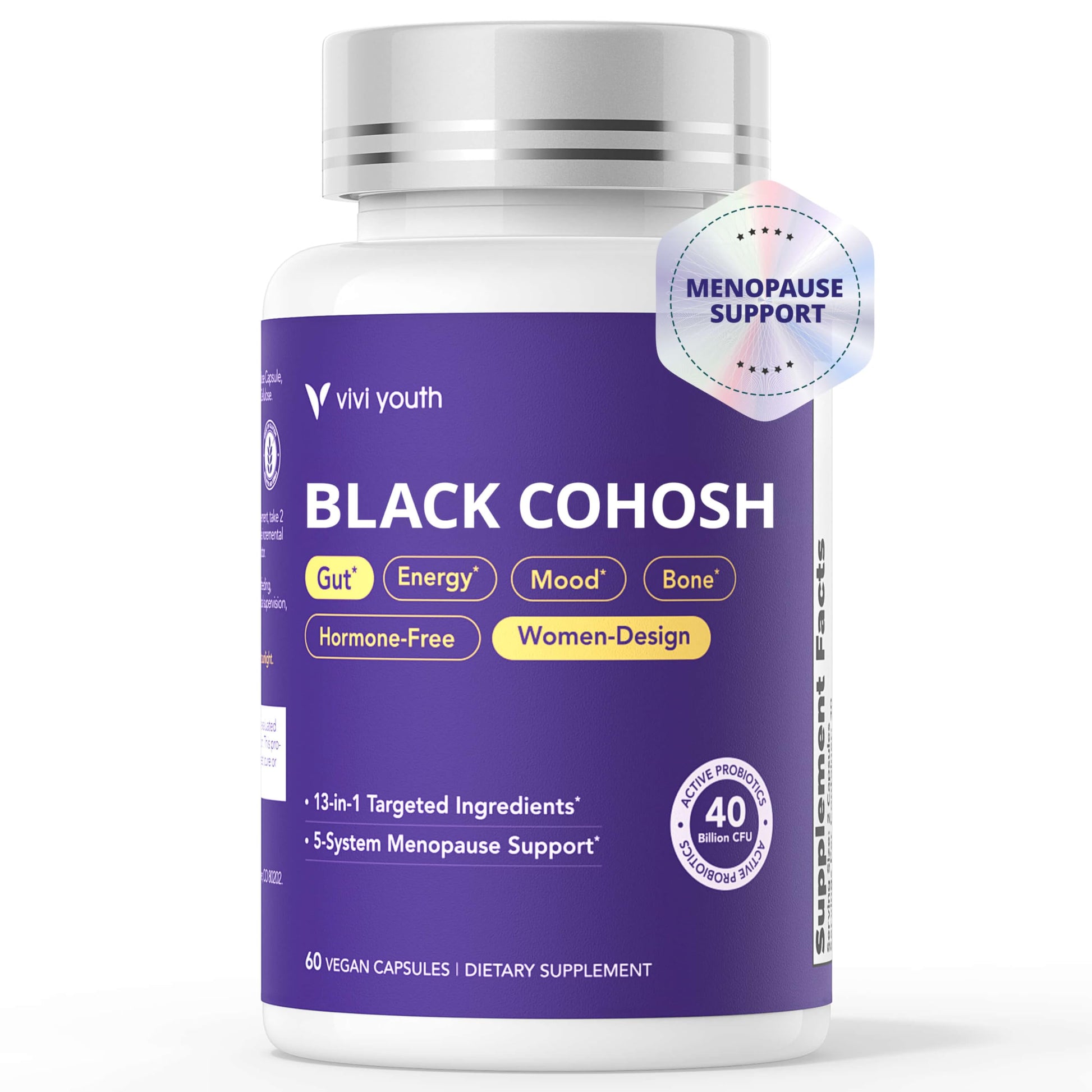 VIVI Youth Menopause Supplements for Women & Black Cohosh Hormone-Free, 60 Capsules