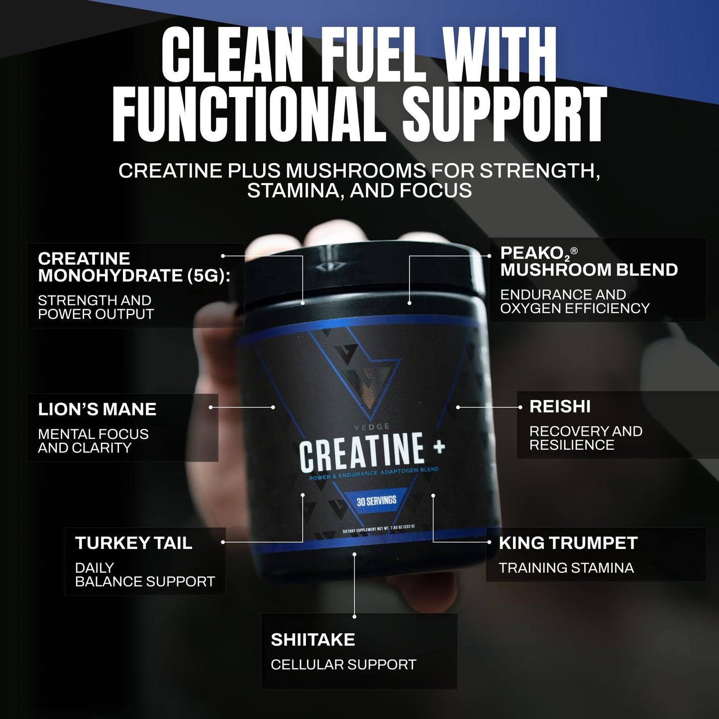 VEDGE Creatine Monohydrate, with PeakO2 Organic Mushroom Blend Powder 7.83 Ounce