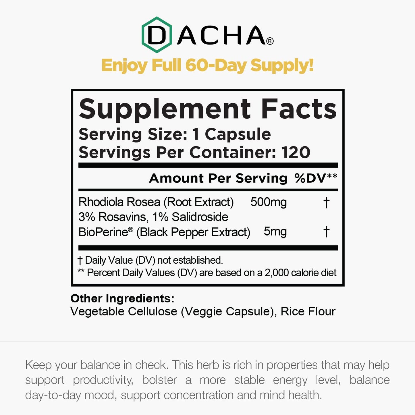 DACHA Rhodiola Rosea Capsule 500mg, 120 Count