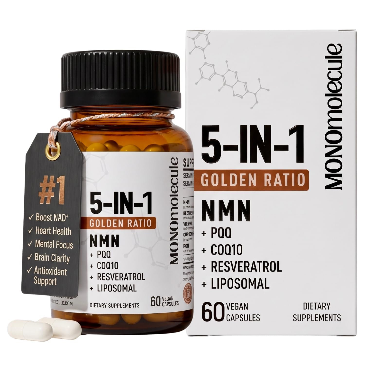 MONOmolecule Liposomal NMN + CoQ10 + PQQ + Resveratrol + Vitamin C 5-In-1 NAD+ Supplement Capsules 60