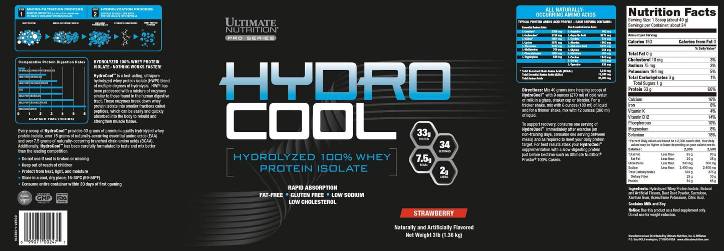 Ultimate Nutrition HydroCool Hydrolyzed Whey Protein Isolate Powder Strawberry, 48 Servings