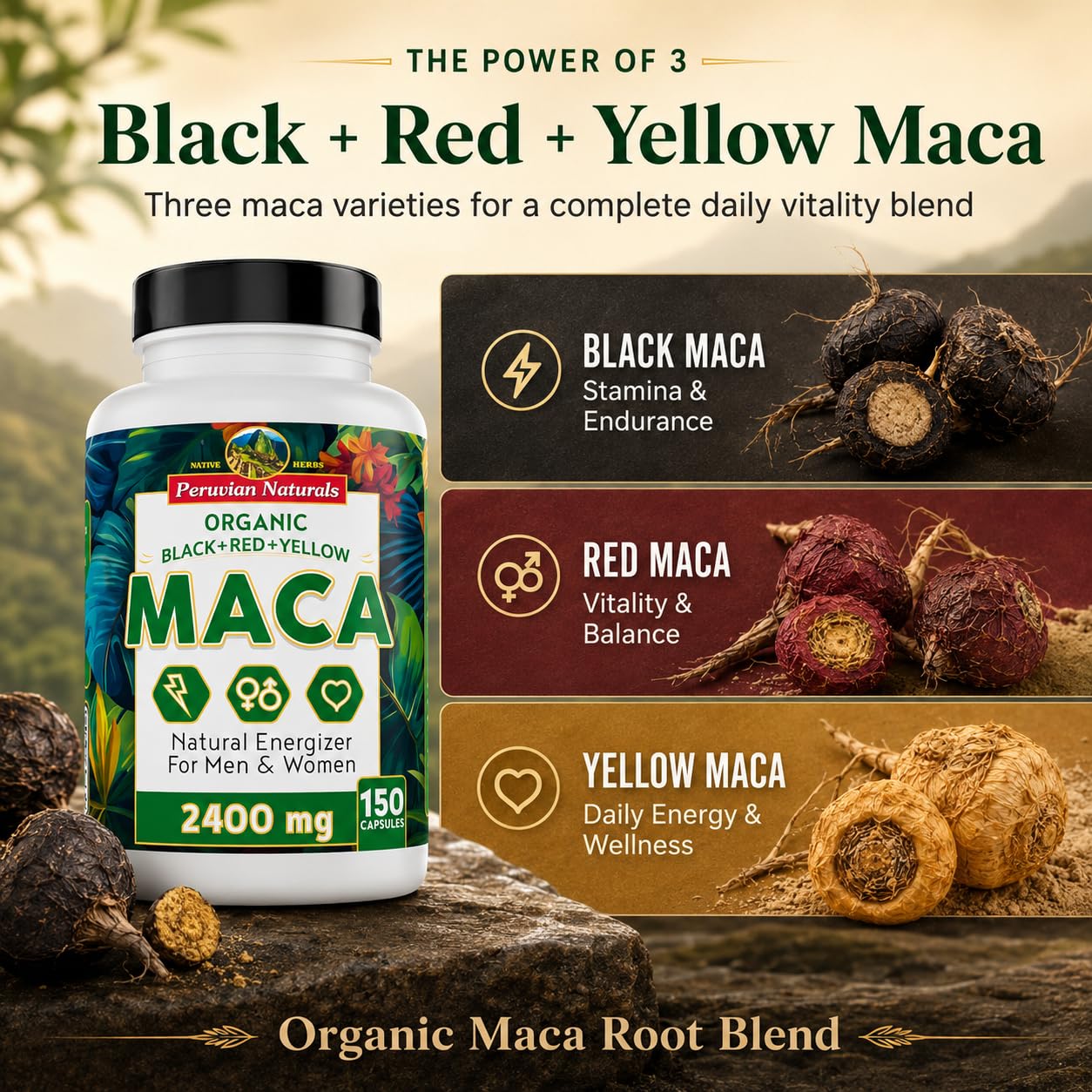 Peruvian Naturals Organic Maca Root Capsules 2400mg per Serving, 150 Capsules