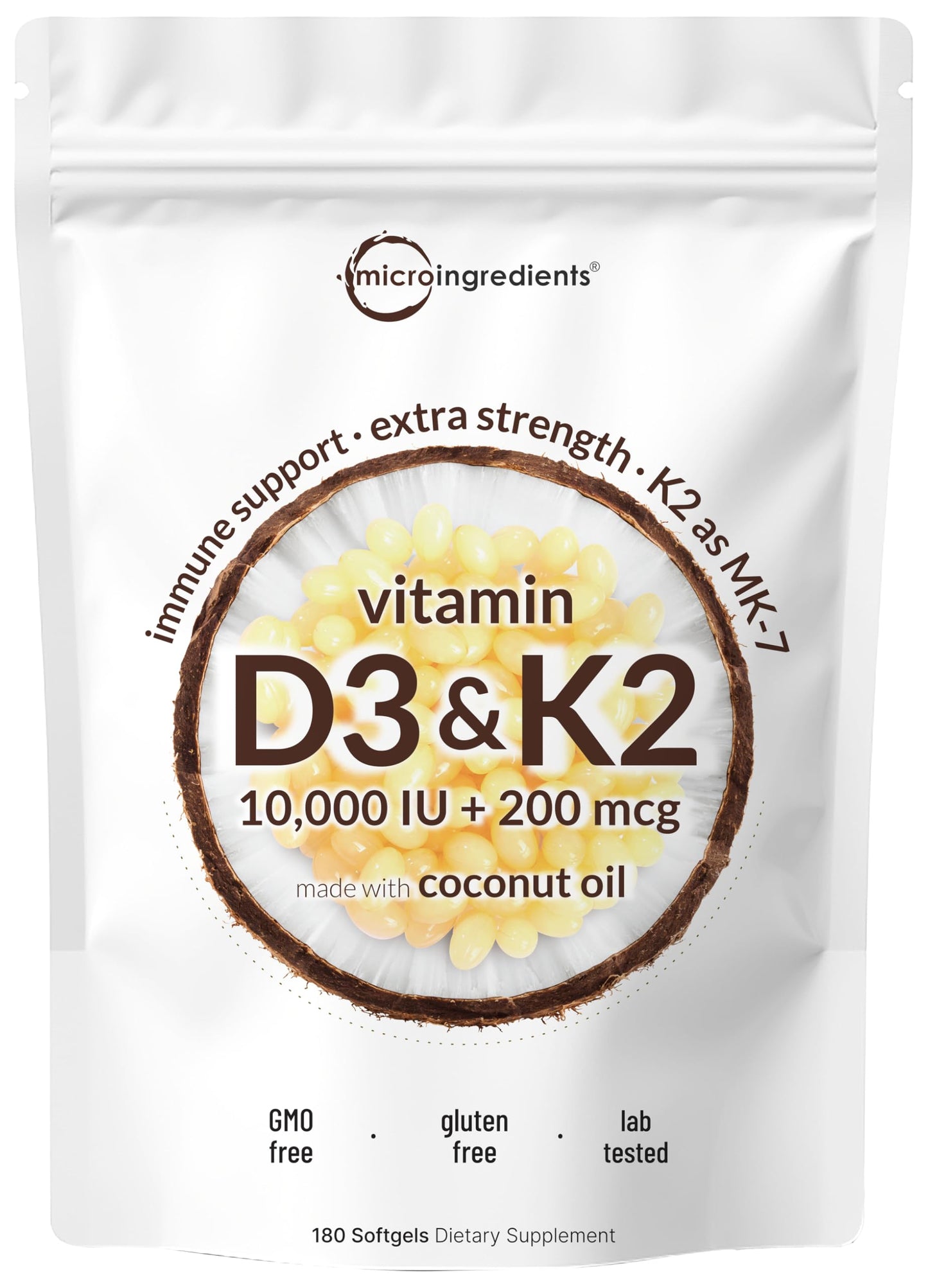 Micro Ingredients Vitamin D3 10,000 IU + K2 MK-7 200 mcg Capsule 180 Count