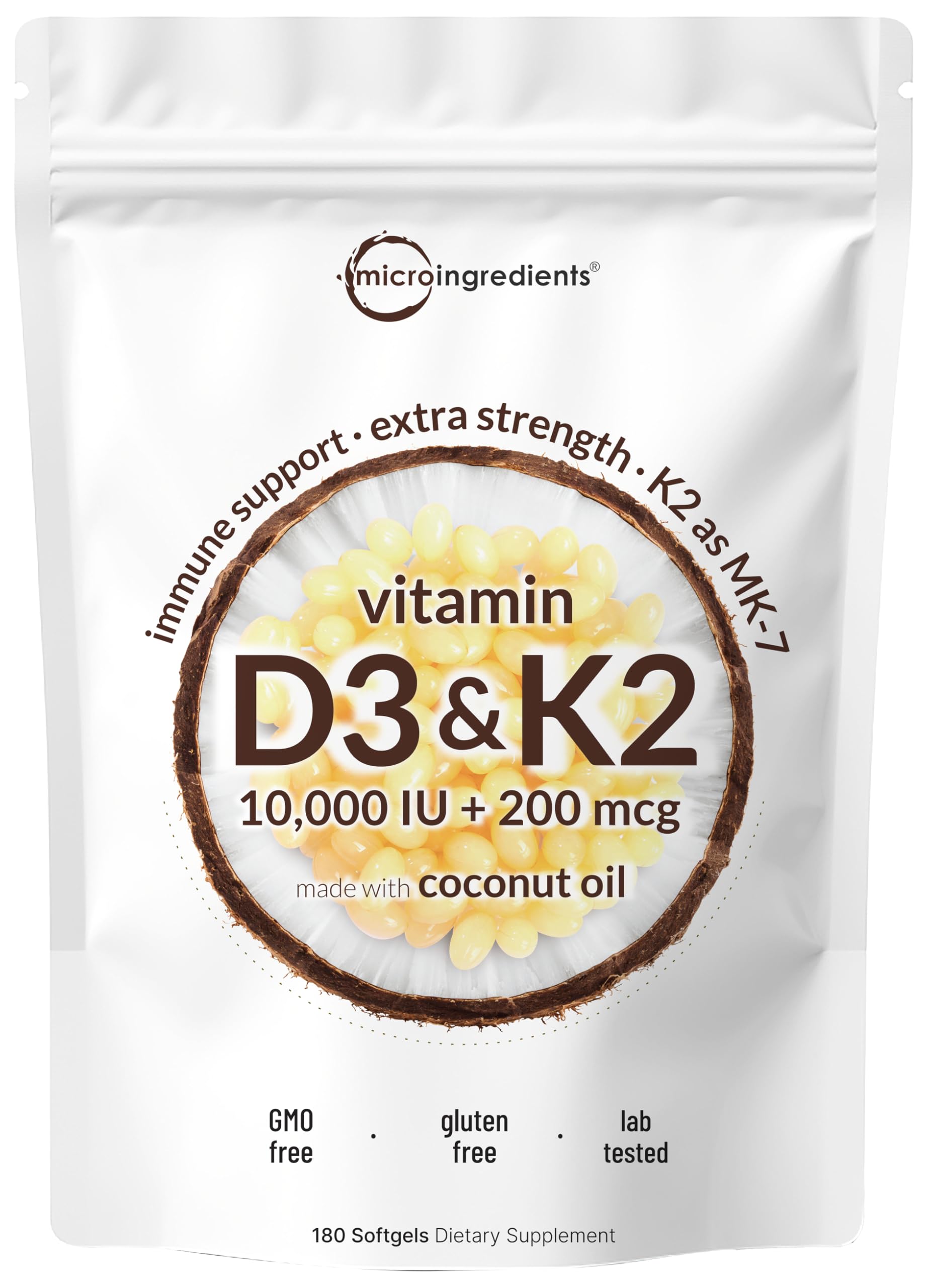 Micro Ingredients Vitamin D3 10,000 IU + K2 MK-7 200 mcg Capsule 180 Count