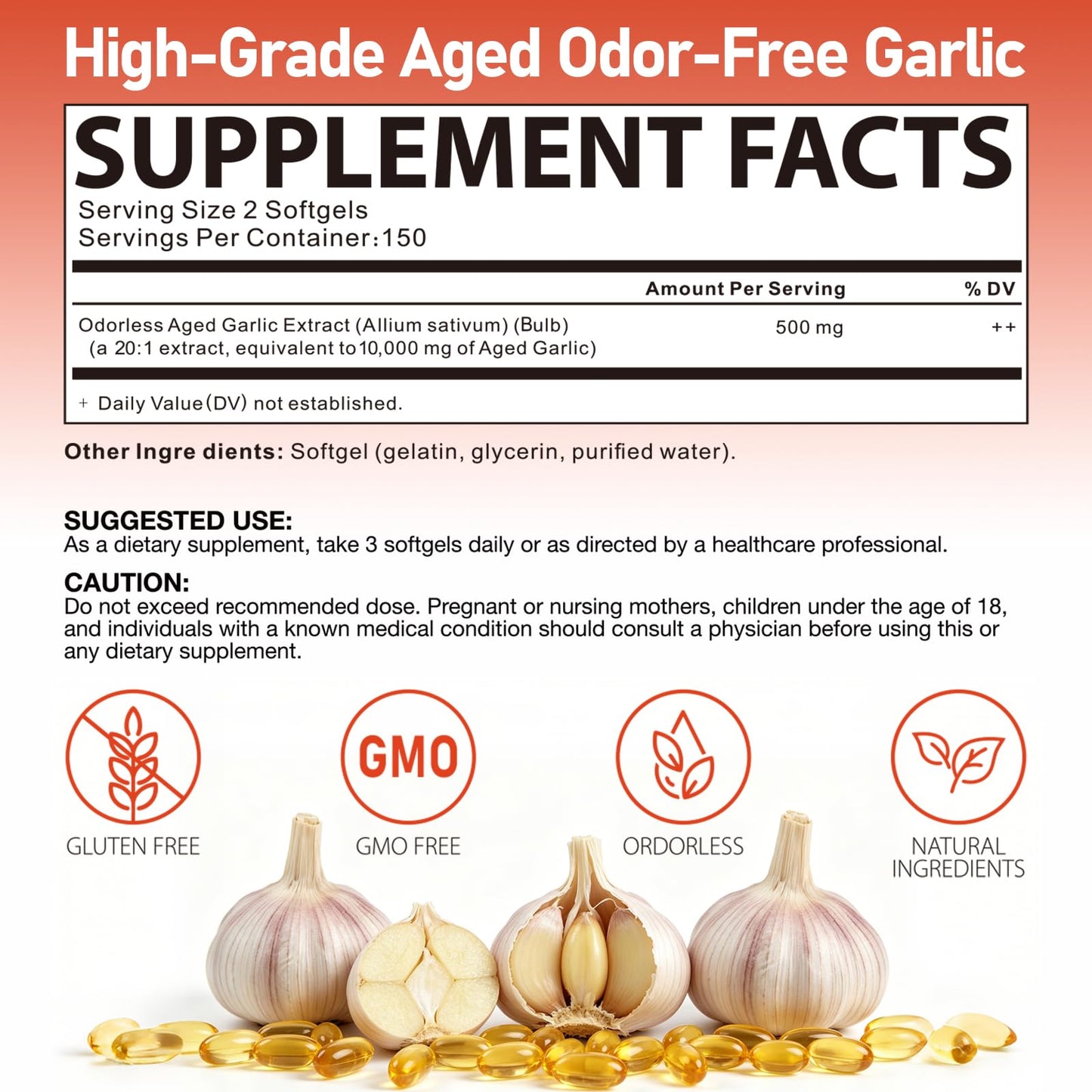 HACIRJNG Organic Odorless Aged Garlic Extract Softgels, 300 Count